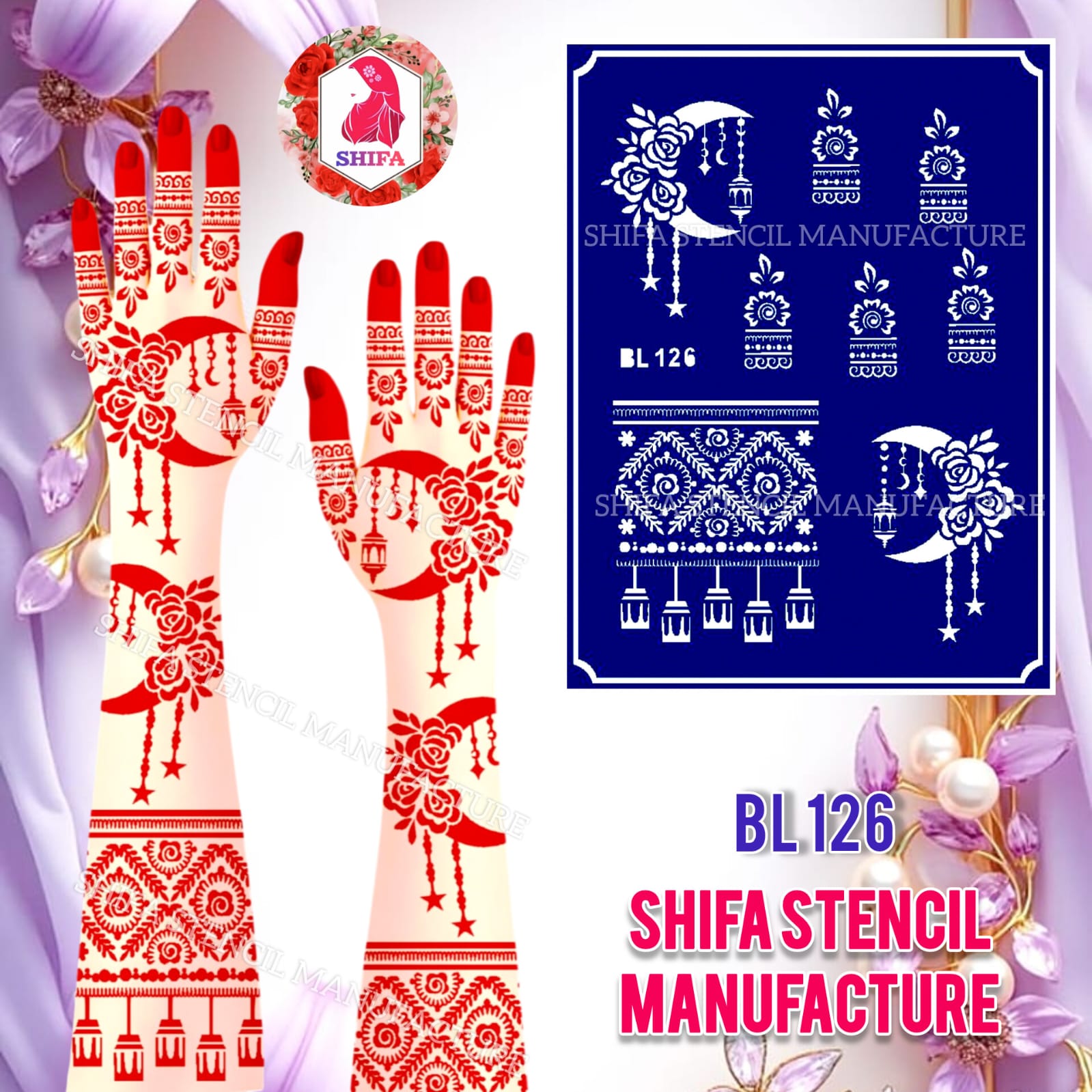 BL126 Elegant Floral Crescent & Lanterns Sticker Overview Henna Stencil - Shifa Stencil